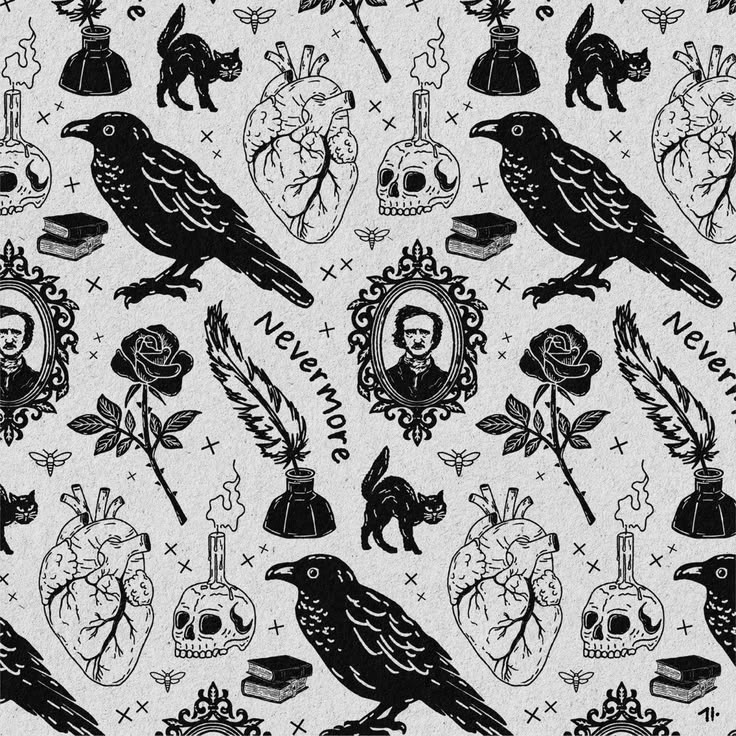 Illustrated pattern of ravens, roses, quills, and skulls